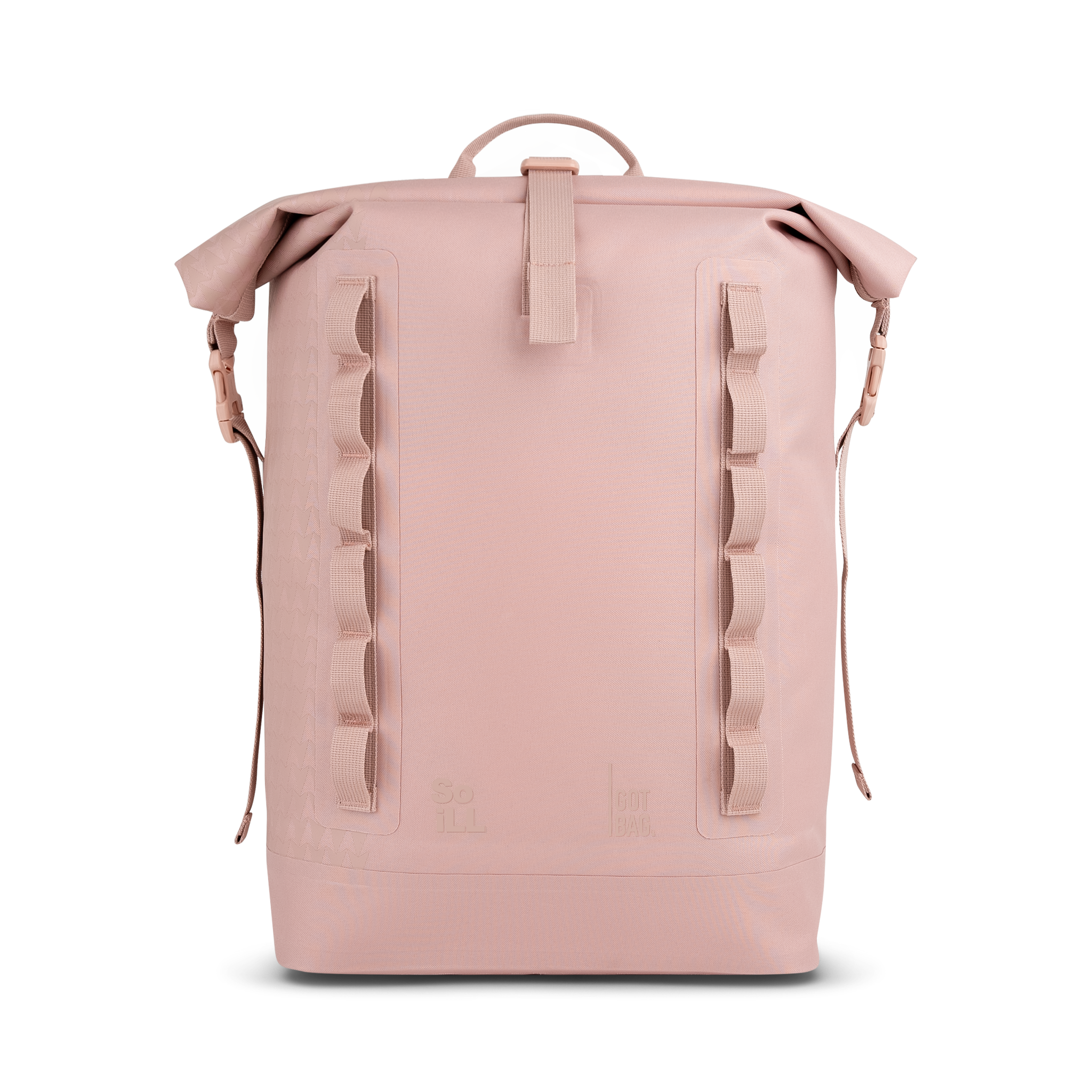 ROLLTOP ON THE ROAM Rucksack in dirty pink als Studioaufnahme in Frontansicht.
