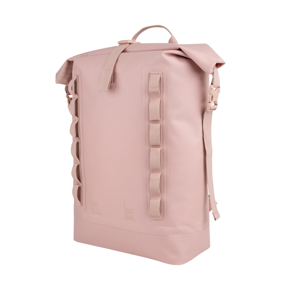 ROLLTOP ON THE ROAM Rucksack in dirty pink als Studioaufnahme in Schrägansicht.
