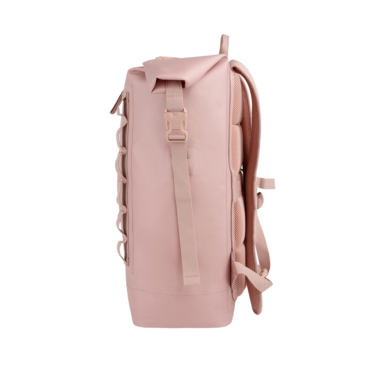 ROLLTOP ON THE ROAM Rucksack in dirty pink als Seitenansicht.