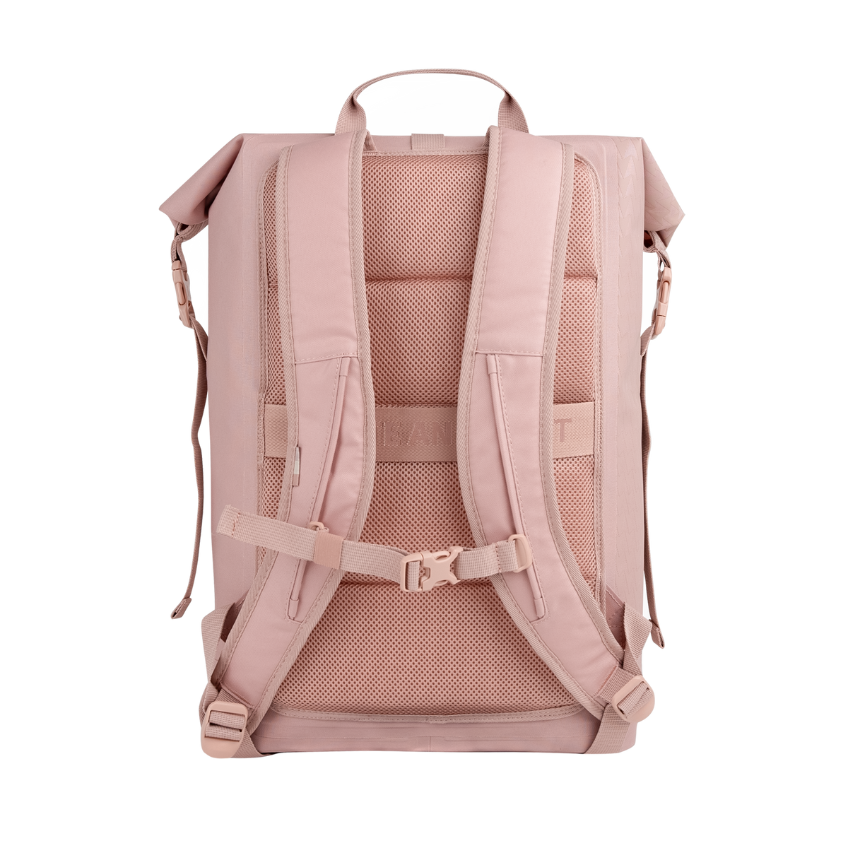 ROLLTOP ON THE ROAM Rucksack in dirty pink mit atmungsaktivem Mesh-Rückenpanel und verstellbaren Trägern, Rückansicht.