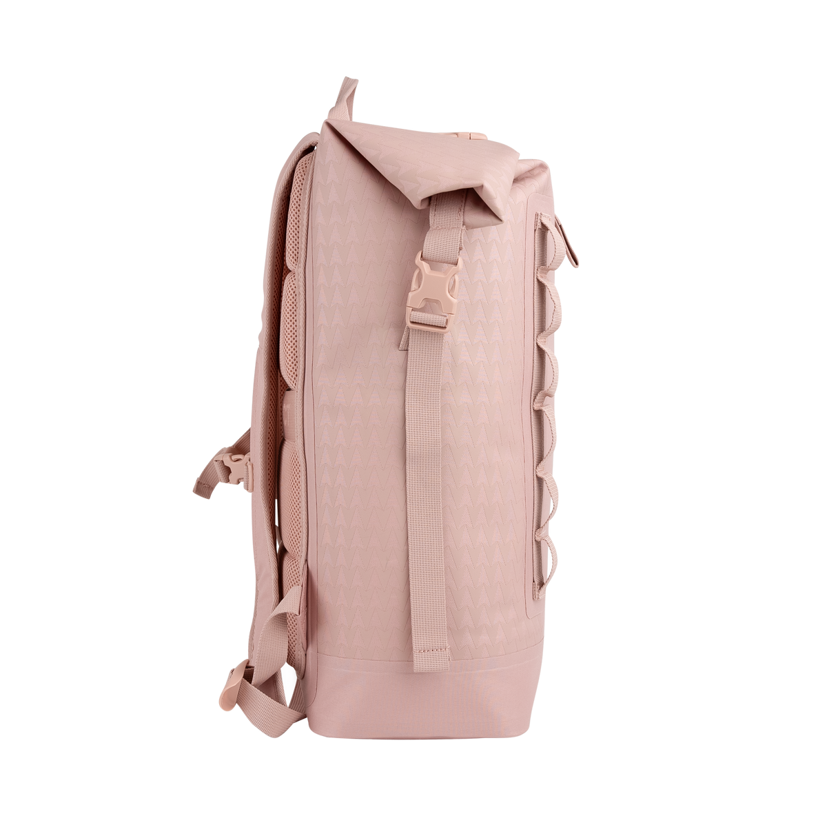 ROLLTOP ON THE ROAM Rucksack in dirty pink als Seitenansicht.
