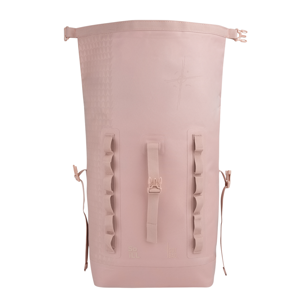 ROLLTOP ON THE ROAM Rucksack in dirty pink in Frontansicht, mit Prägemuster und geöffnetem Rolltop-Verschluss.