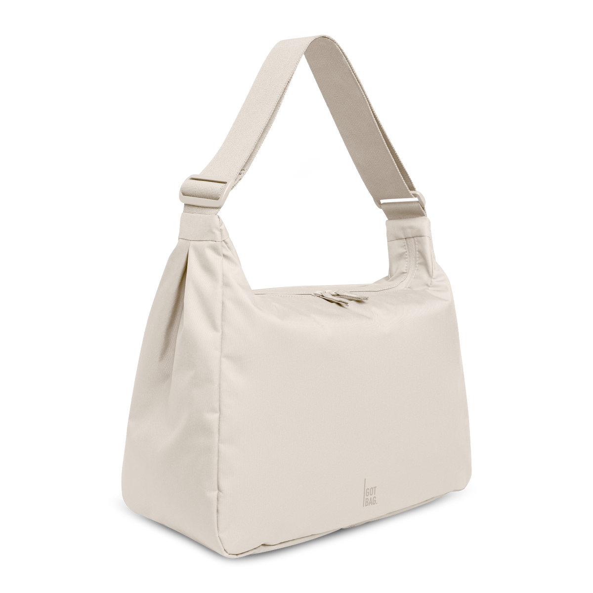 SQUARE BAG LARGE Tasche in soft shell (warmes Cremeweiß) in diagonaler Ansicht.