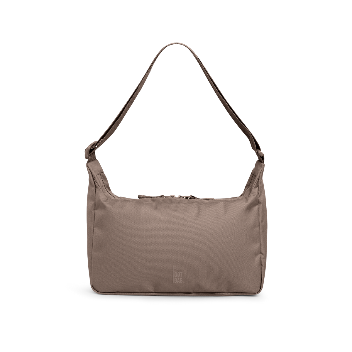 SQUARE BAG SMALL MONOCHROME EDITION Tasche in oyster (klassisches Taupe-Braun) als Studioaufnahme in Frontansicht.