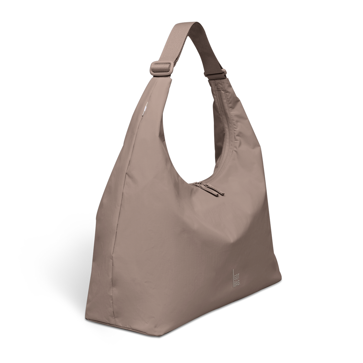T SHAPE BAG LARGE Tasche in oyster (klassisches Taupe-Braun) in diagonaler Ansicht.