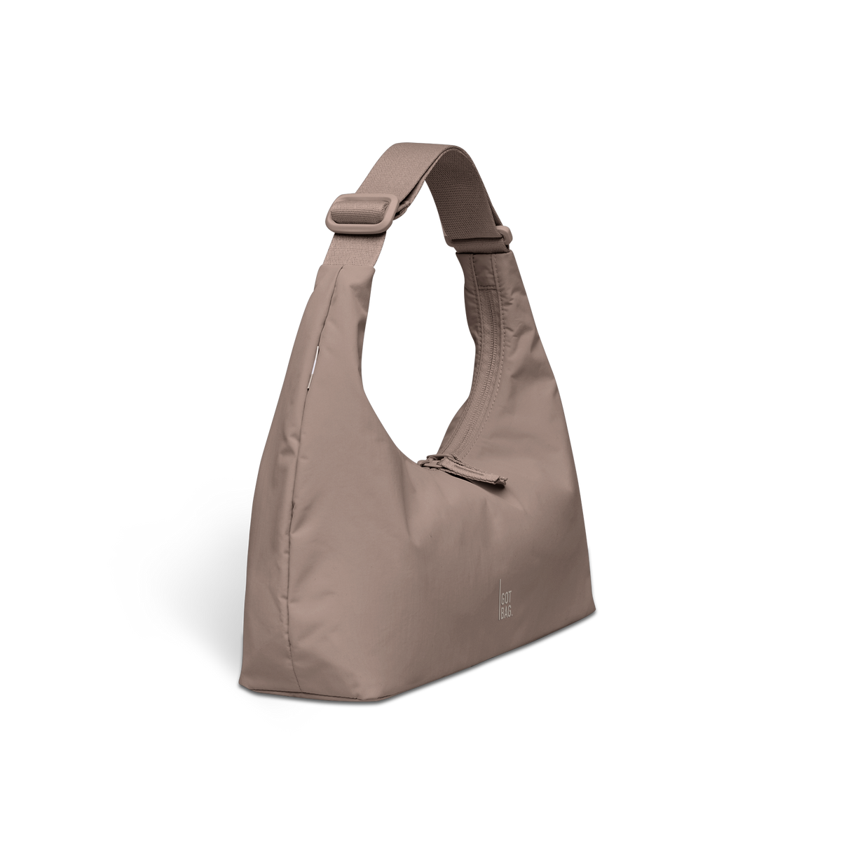 T SHAPE BAG MINI Tasche in oyster (klassisches Taupe-Braun) als Studioaufnahme in diagonaler Ansicht.