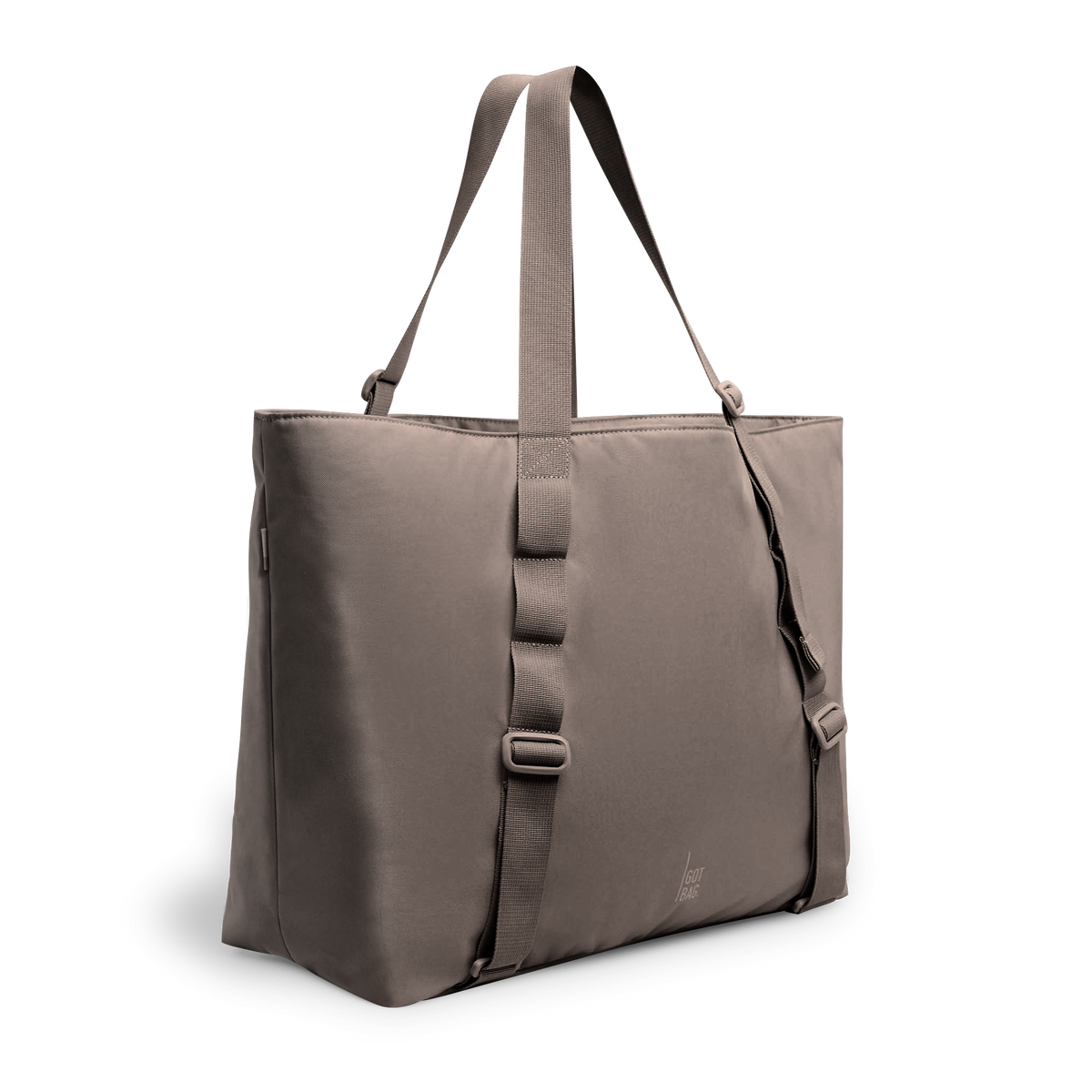 TOTE BAG LARGE Tasche in oyster (klassisches Taupe-Braun) in Schrägansicht.