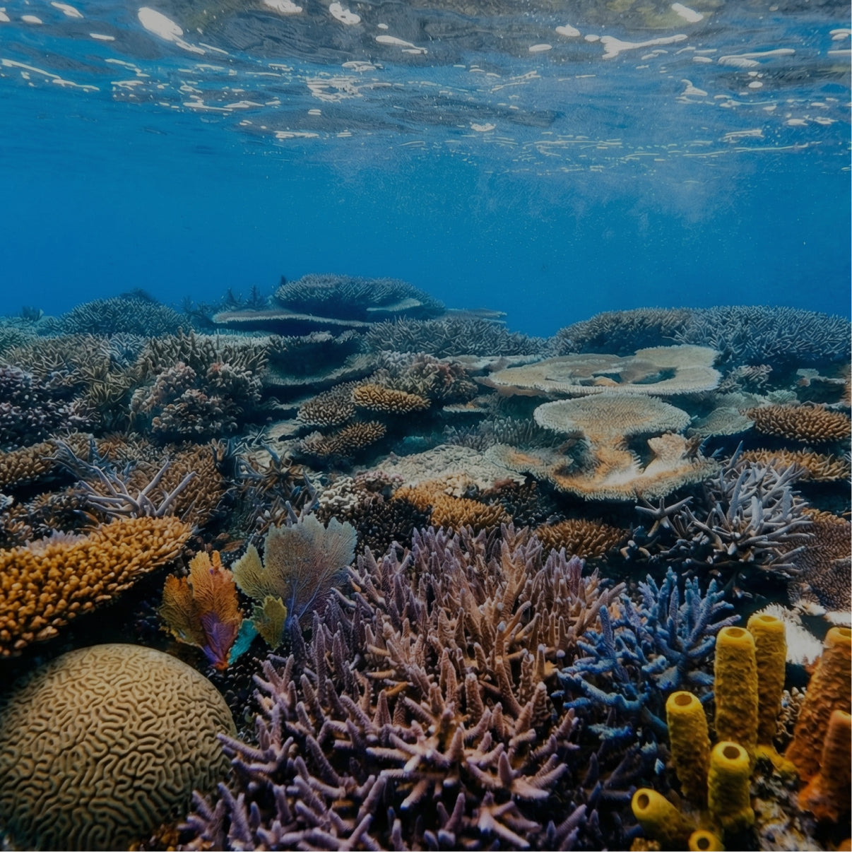 Colorful coral reef under blue water, as a theme for accessories.