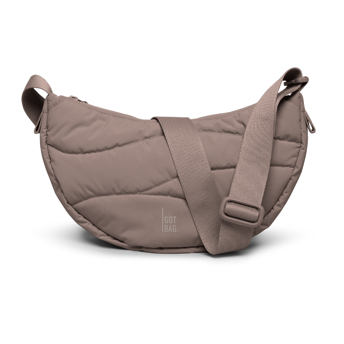 WAVY PUFFER MOON BAG tas in oyster (Klassiek taupe-bruin) als studio-opname in vooraanzicht.