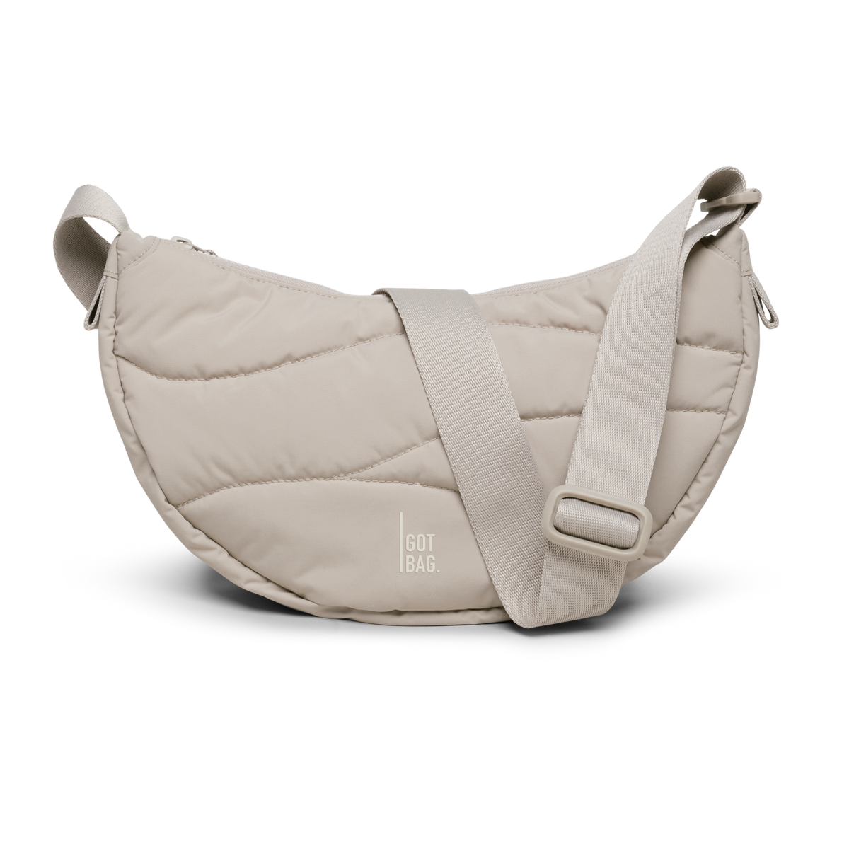 WAVY PUFFER MOON BAG Tas in scallop (Lichtbeige) als studio-opname in vooraanzicht.