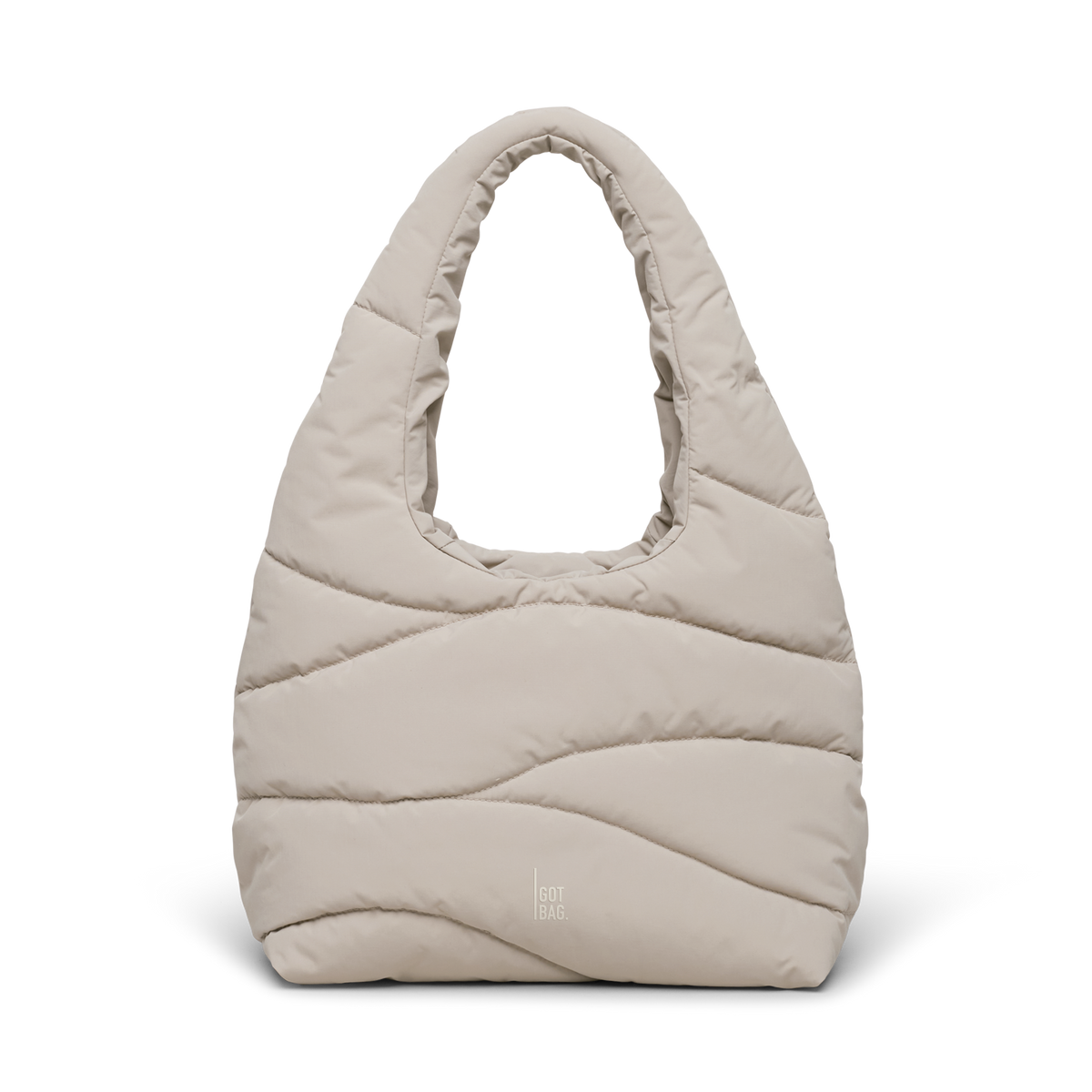 WAVY PUFFER SHOULDER BAG tas in scallop (Lichtbeige) als studio-opname in vooraanzicht.