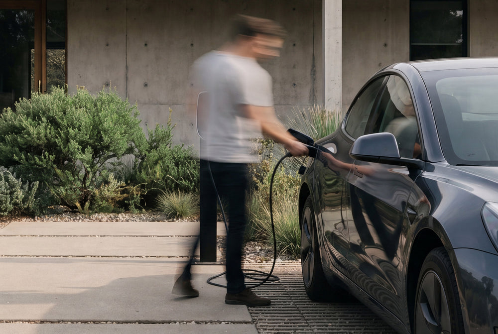 Accessoires: Mann lädt sein Elektroauto auf.